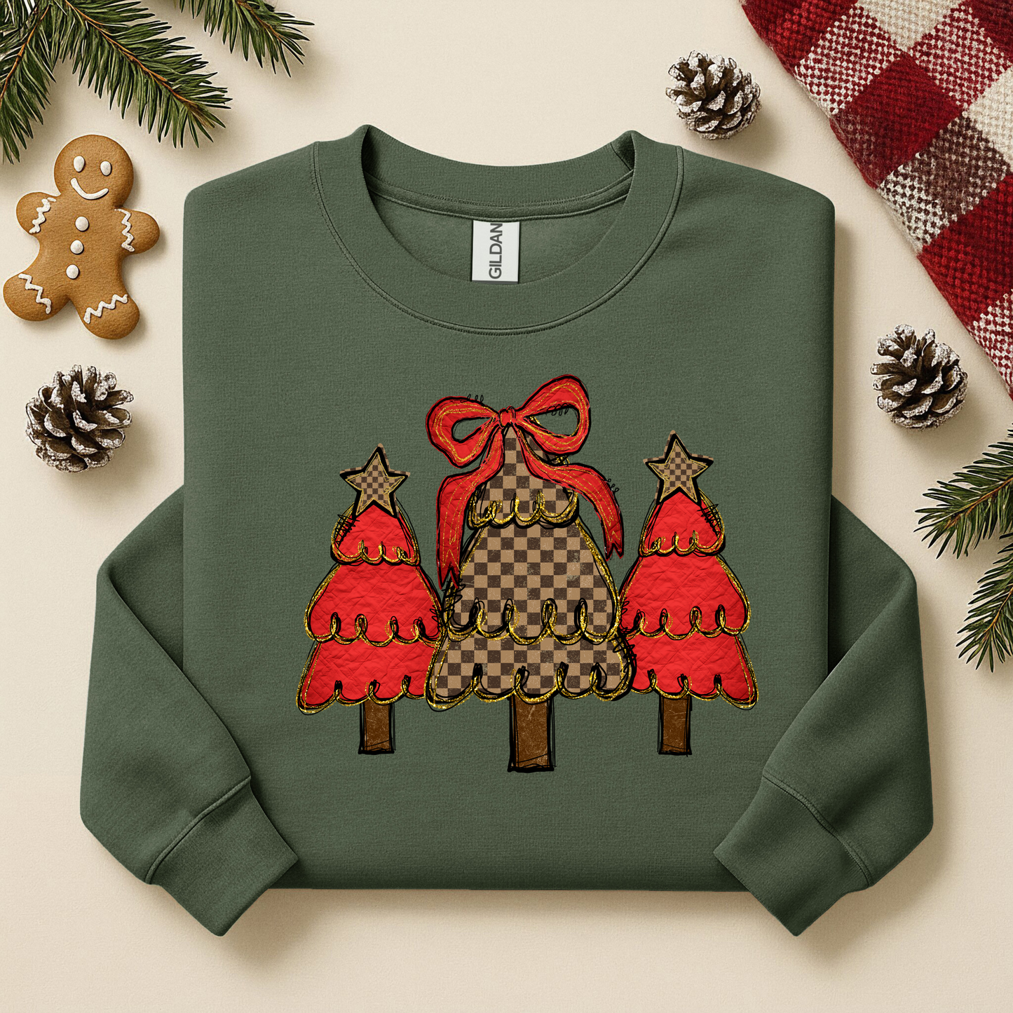 2072 - Checkered Christmas Tree - Red & Brown