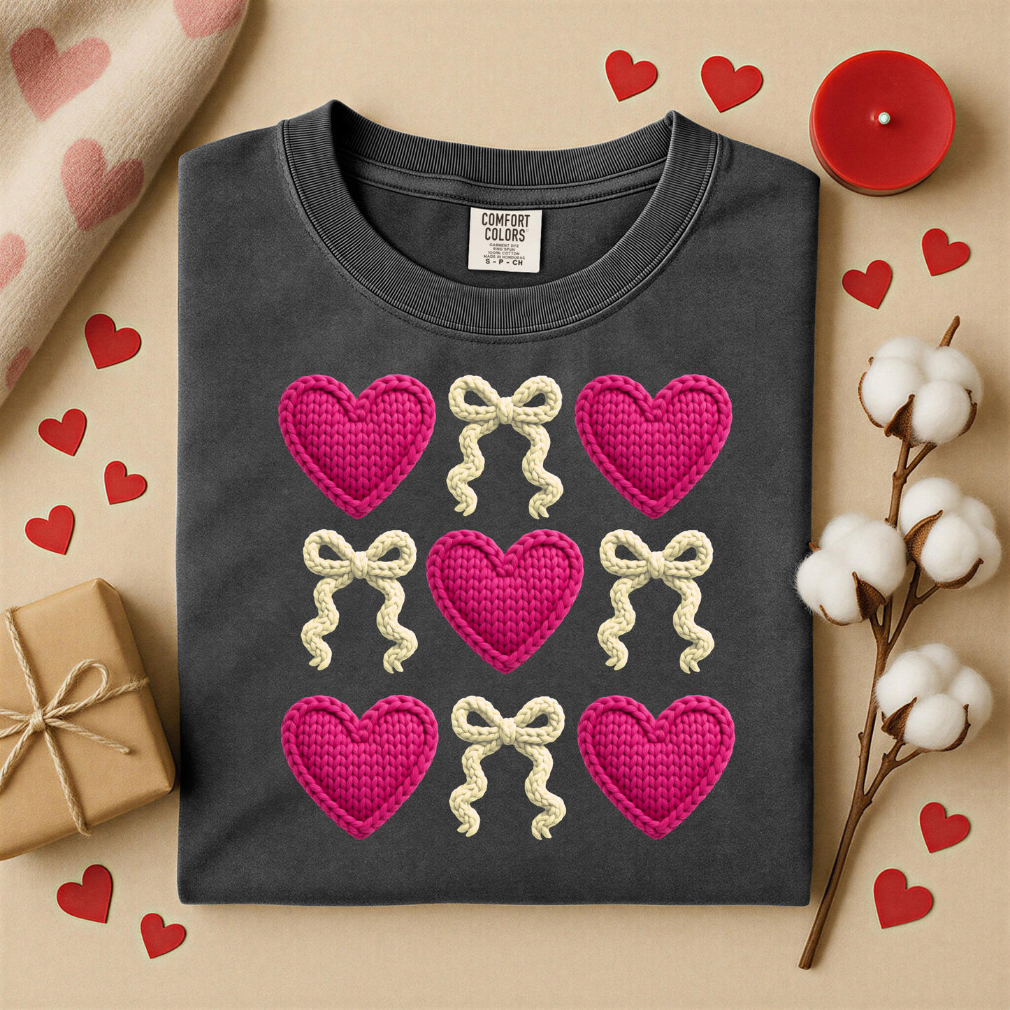 3114 - Yarn Bows & Hearts (pink & white)