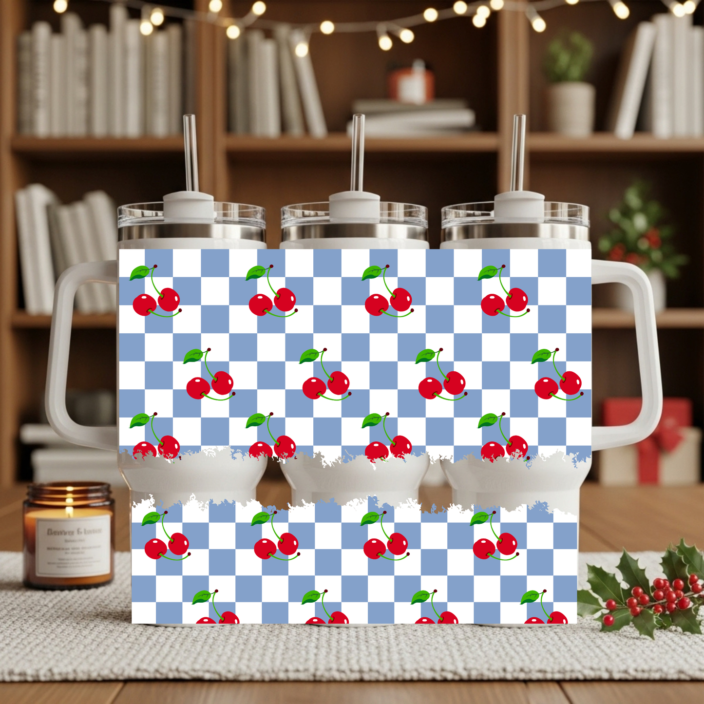 Blue Checkered Cherries 40oz Tumbler