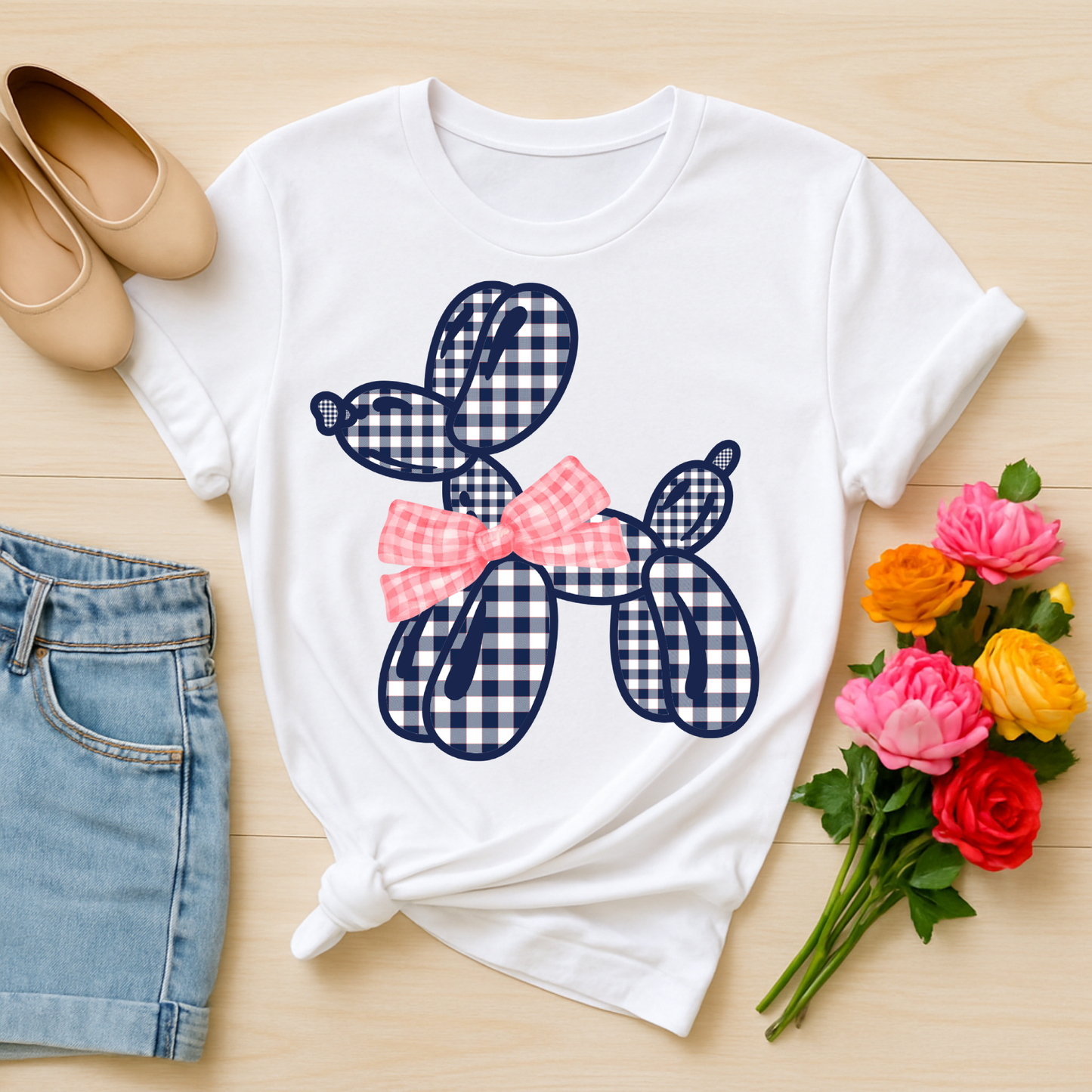 3428 - Balloon Doggie - Blue & Pink Gingham